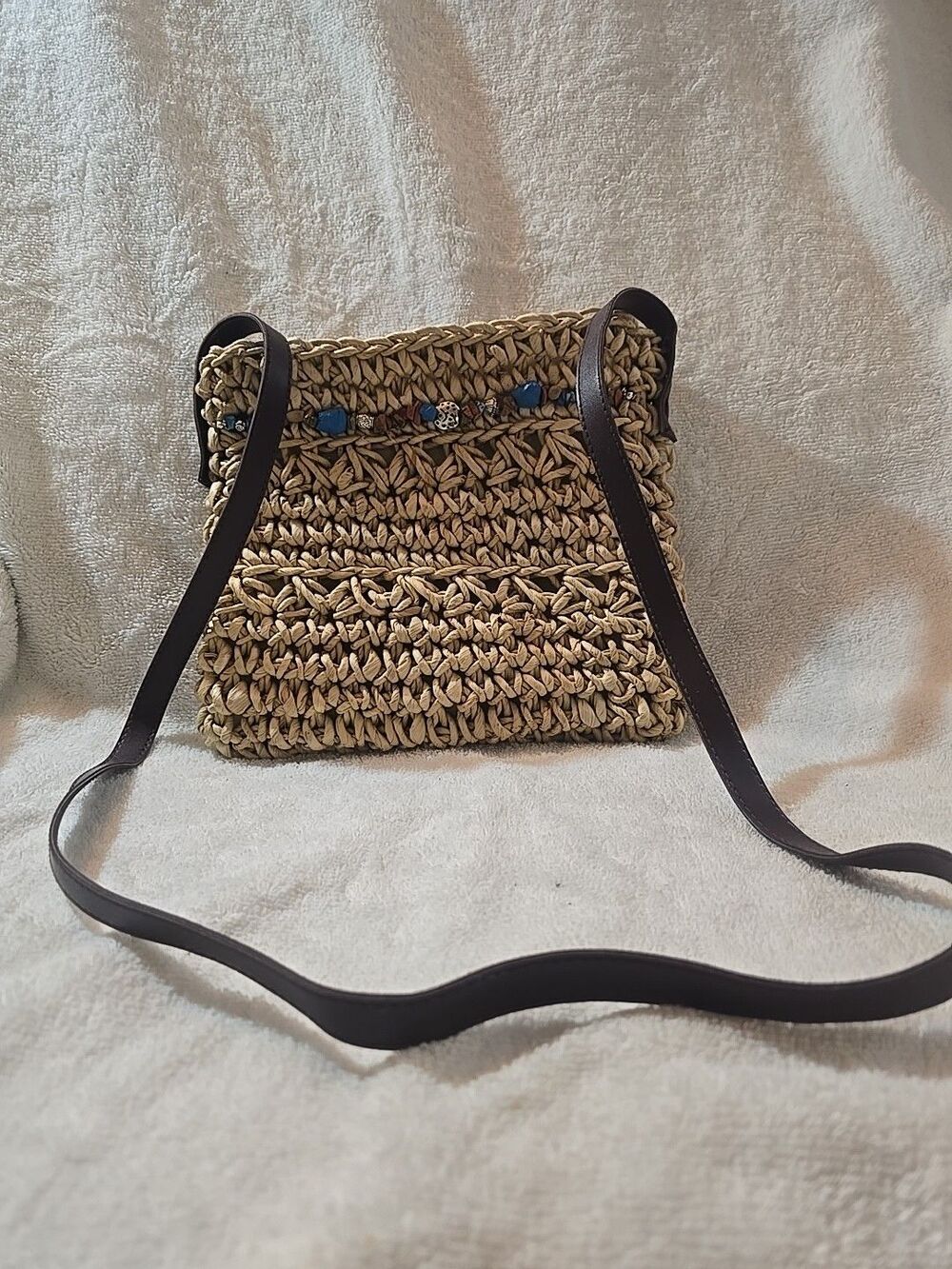 Straw Purse Handbag Tote Zipper w/ Brown Strap Boho Approx 8”x9”/Drop Length 20”